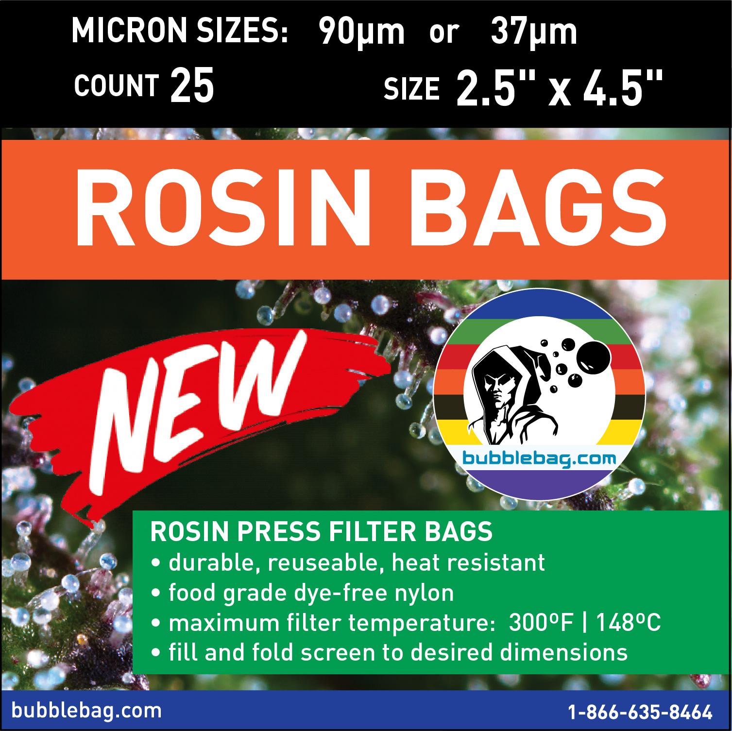 Bubble Bags Rosin Bags: 25-pack, 2.5" x 4.5", 37µ or 90µ (RB25) *NEW DESIGN*